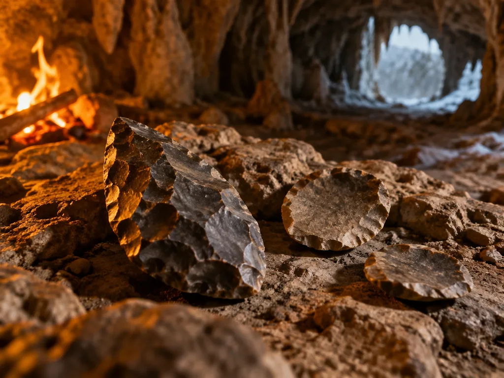 Handyxa och skrapor av flinta på golvet i en kalkstensgrotta, upplysta av en eld med snö vid grottöppningen