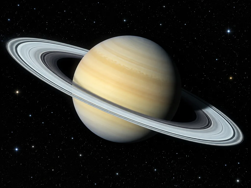 Planeten Saturnus med sina breda, ljusa ringar mot en svart stjärnhimmel