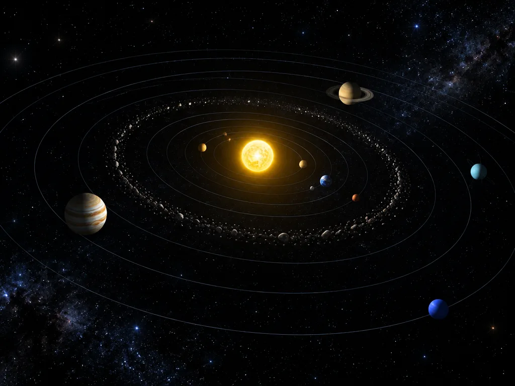 Illustration av solsystemet med solen i mitten, planeternas banor och asteroidbältet mot en stjärnhimmel