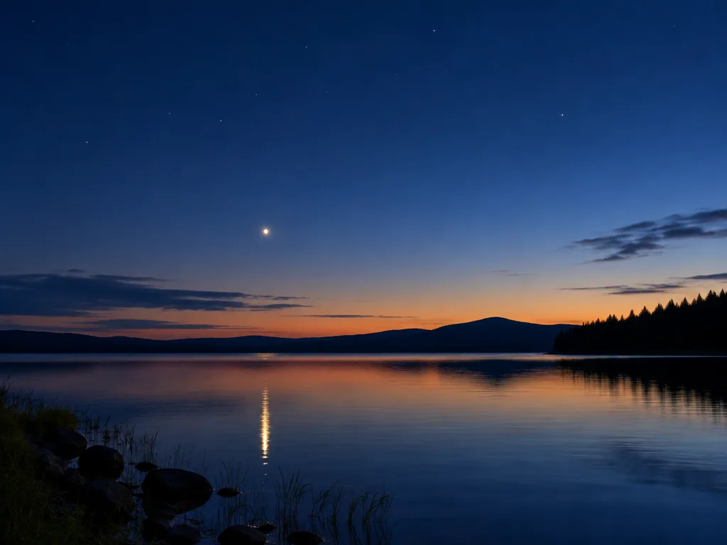 Venus lyser som aftonstjärna över en stilla sjö i skymningen, med sitt sken speglat i vattnet